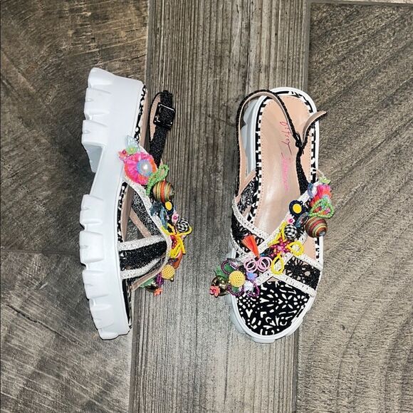 Betsey Johnson Shoes - Betsey Johnson Black and White Sandals with Pom-Poms
